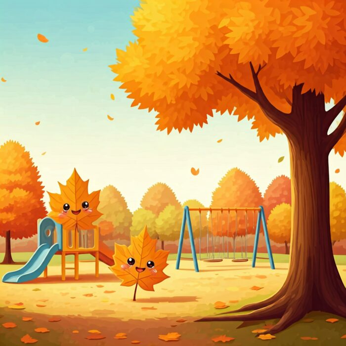 illustrated cute leaves playing at playground in fall